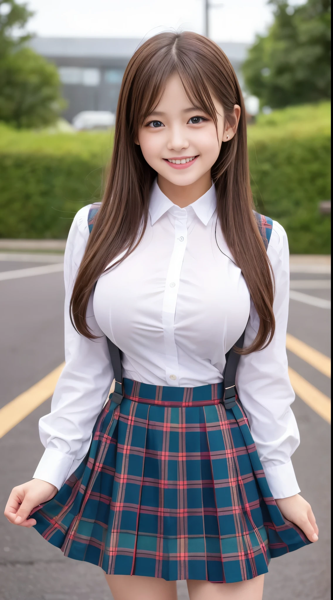 little young girl.................,, in front of the school、Connect to skirt with suspenders、White shirt with long sleeves、Plaid skirt、Lori, , sakimichan,, nice and cute, Innocent smile,  , Lovely smile, sakimichan HDRI、loli big boobs、,(Huge breasts:1.20),(Beauty Big 1:1)、Brown hair、Brown hairの髪、Blue eyes、little girl with short bob、Pose cutely