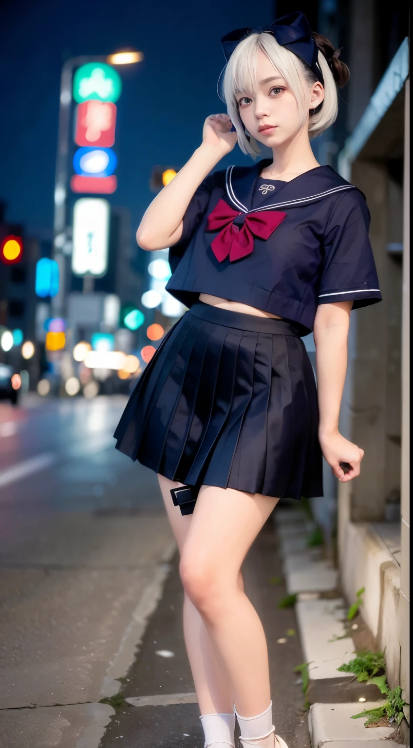 (8k, RAW photo, best quality, masterpiece:1.3),(realistic,photo-realistic:1.37),(night),(looking at viewer:1.331),(white hair),posing,Tokyo street,nightcityscape, cyberpunk city,soft light,1girl,extremely beautiful face,bust,put down hands,Random hairstyle,Random expression,big eyes, ,lower abdomen,(lshort-sleeved JK_sailor),JK_style,(dark blue JK_skirt) ,(bow JK_tie),mix4