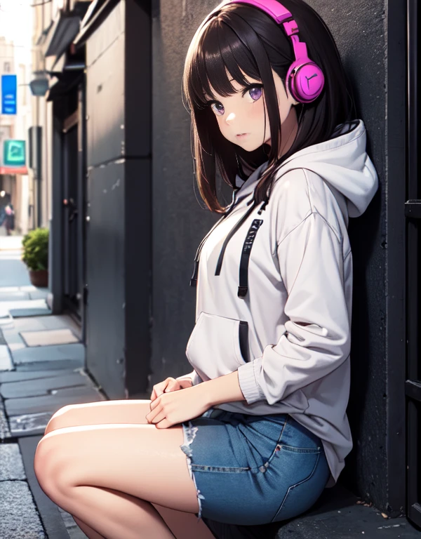 masutepiece, Best Quality, {Best Quality}, {{masutepiece}}, {hight resolution}, Illustration, 1girl in, Inoue Takina, bob katan, Black hair, (Purple eyes:1.2), blush, blue baggy hoodie，The hood is placed over the new era.、baggy jeans，High-cut sneakers，I have headphones hanging around my neck.，Leaning against the wall，Looking at Viewer，In the street