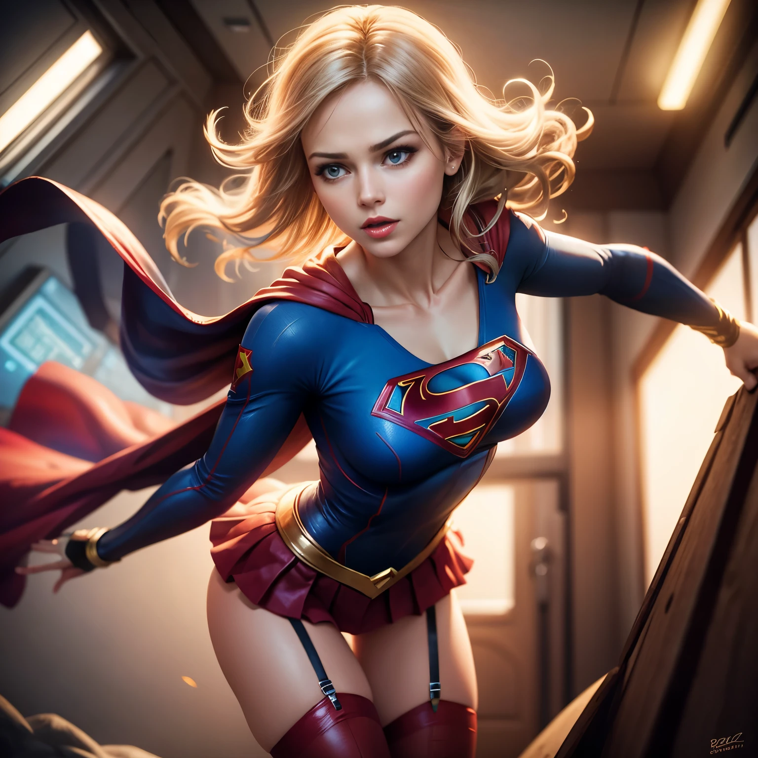Supergirl flying sexy, wearing lingerie, photorealism