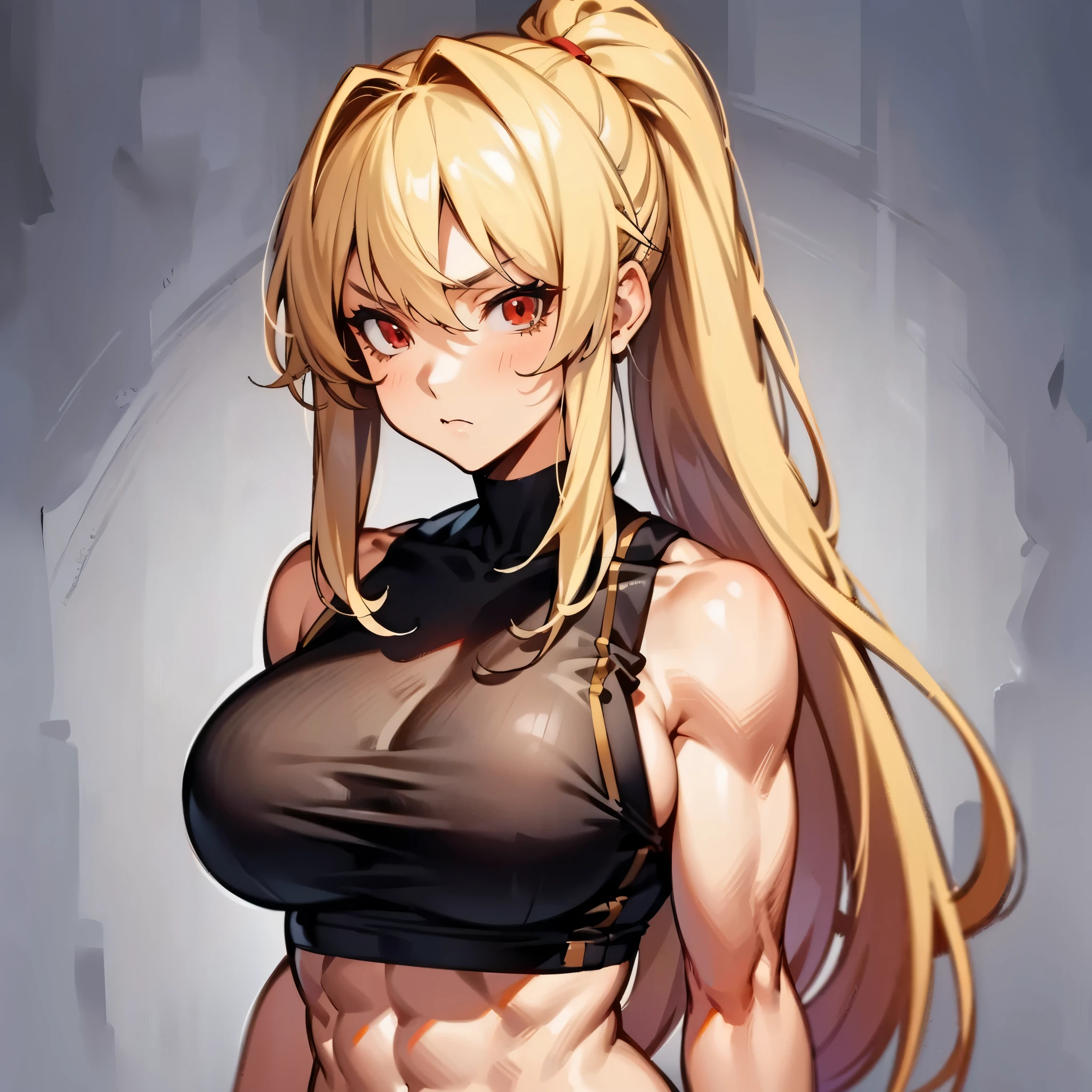1woman, long messy blonde hair in a ponytail, red eyes, big breast, black crop top, muscular, serious, solo, best quality, masterpiece, portrait, simple background, looking at the camera, from the front, detailed, perfect anatomy, detailed art, high definition, 4k, high resolution