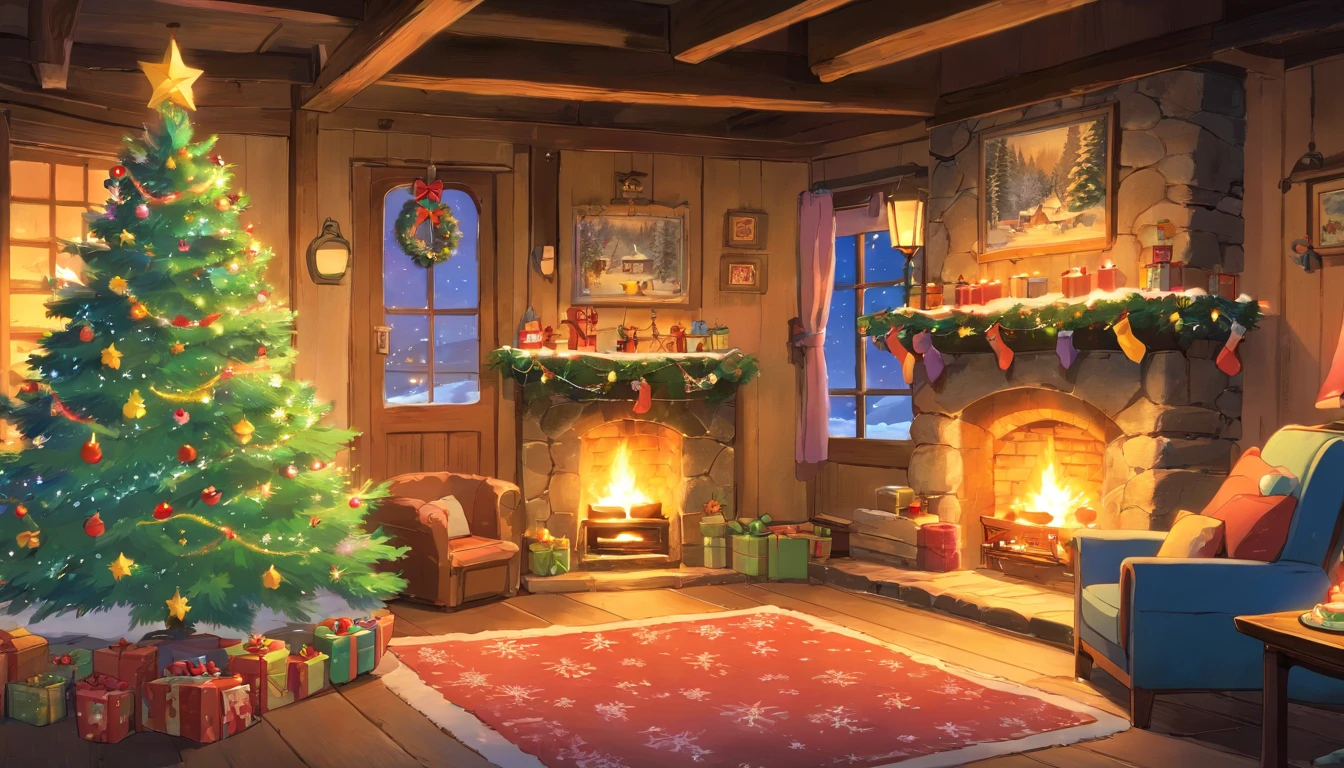 inside, christmas tree, presents under the tree, log cabin, snow outside, frosted window, fireplace, christmas stockings, christmas cakes on a table, rustic interior, lit candles, cozy atmosphere, twilight outside