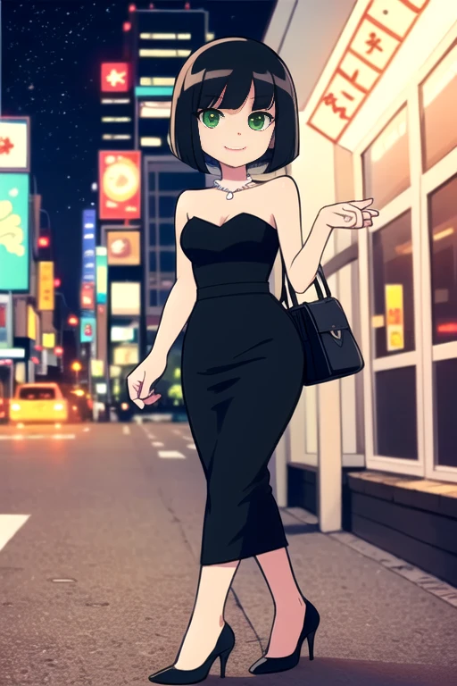 1 girl, solo, short black hair, bob cut, medium hair, green eyes, in a little black dress, short strapless black dress, black pencil skirt, a teenager style, pearl necklace, bare shoulders, black high heels, being so beautiful, walking in the street, at night time in the city, in 2D illustration, 2D art style, smile.