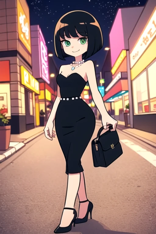 1 girl, solo, short black hair, bob cut, medium hair, green eyes, in a little black dress, short strapless black dress, black pencil skirt, a teenager style, pearl necklace, bare shoulders, black high heels, being so beautiful, walking in the street, at night time in the city, in 2D illustration, 2D art style, smile.