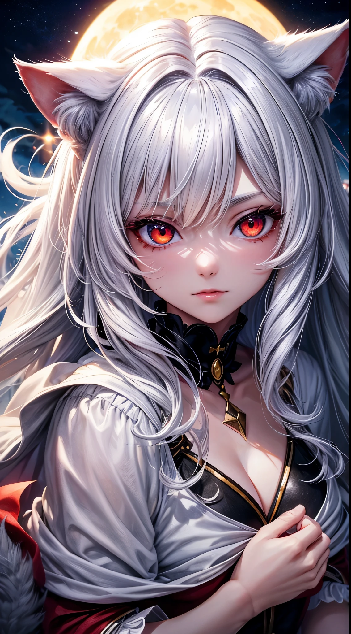 Full hd, high quality, super detail, Cat Girl, red eye, white hair, cat fantasy, cinematic ligth, nigth, moon, close-up