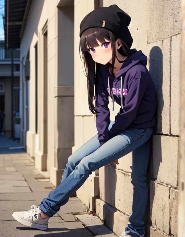 masutepiece, Best Quality, {Best Quality}, {{masutepiece}}, {hight resolution}, Illustration, 1girl in, Inoue Takina, bob katan, Black hair, (Purple eyes:1.2), blush, blue baggy hoodie，wearing a hood over a hat、baggy jeans，High-cut sneakers，I have headphones hanging around my neck.，Leaning against the wall，Looking at Viewer，In the street