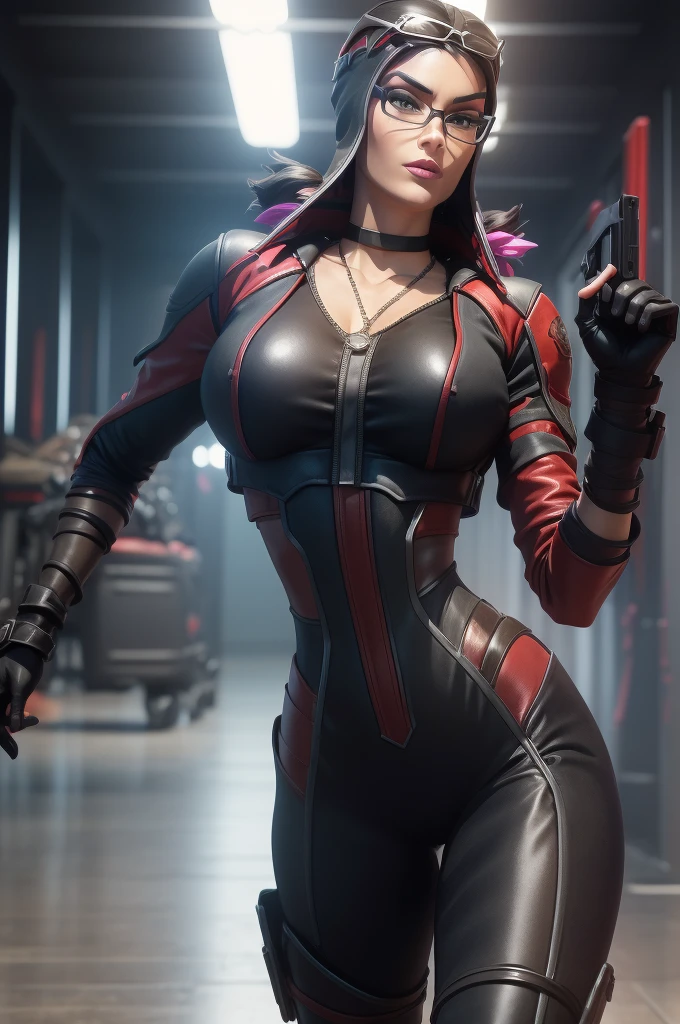 ((The baroness from G.I.joe animated series)) ((beautiful face)) (red lips) (glasses) ((very long black hairstyle)) ((very huge breasts) (perfect slim body) ((wears leather black body suit and pants, gloves, and long boots)) ((choker, belt, cobra logo)) ((posing sexy inside military base))((hold handgun pistol on hand)) (high definition, dynamic lights and shadows) ((masterpiece)) (8k) (perfect face) (best quality) (perfect hands)
