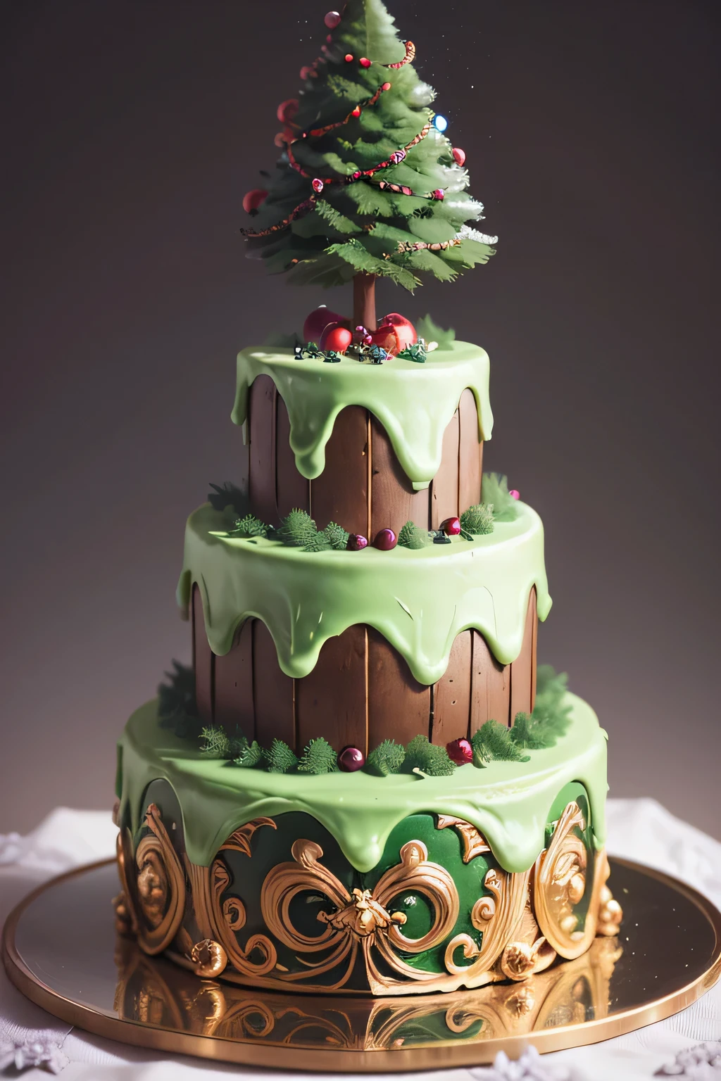 there is a cake with green frosting and a christmas tree on top, extremely intricate, christmas tree, red and green color scheme, with intricate detail, tree's, hight decorated, spruce trees on the sides, highly intricate, with sparkling gems on top, cake art, a wide full shot, red and green, cake, stunningly detailed, with an intricate