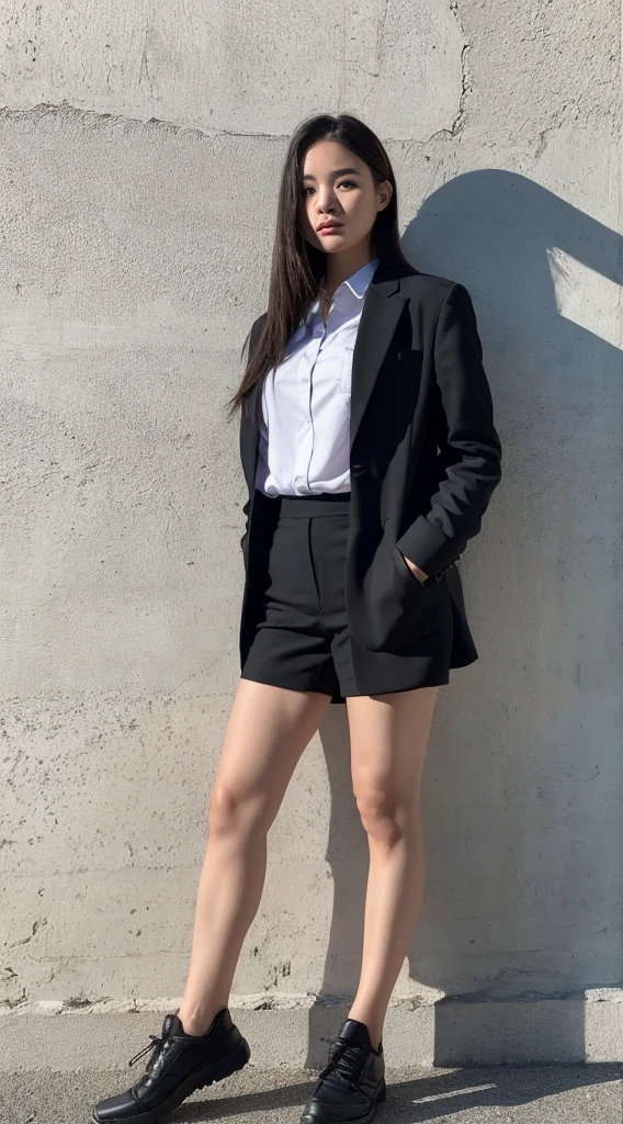 ((full body)), Ultra-realistic capture, Highly detailed, High resolution 16k close-up of human skin. Skin texture must be natural, With such detail that pores can be finely identified. Skin should look healthy, In a uniform tone. Use natural light and color, black streaked hair, streaked hair, black short hair, ((full body)), stand against the wall,dutch angle,UHD, retina, masterpiece, ccurate, anatomically correct, super detail, textured skin, high details, high quality, best quality, highres, 1080P, HD, 4K, 8k