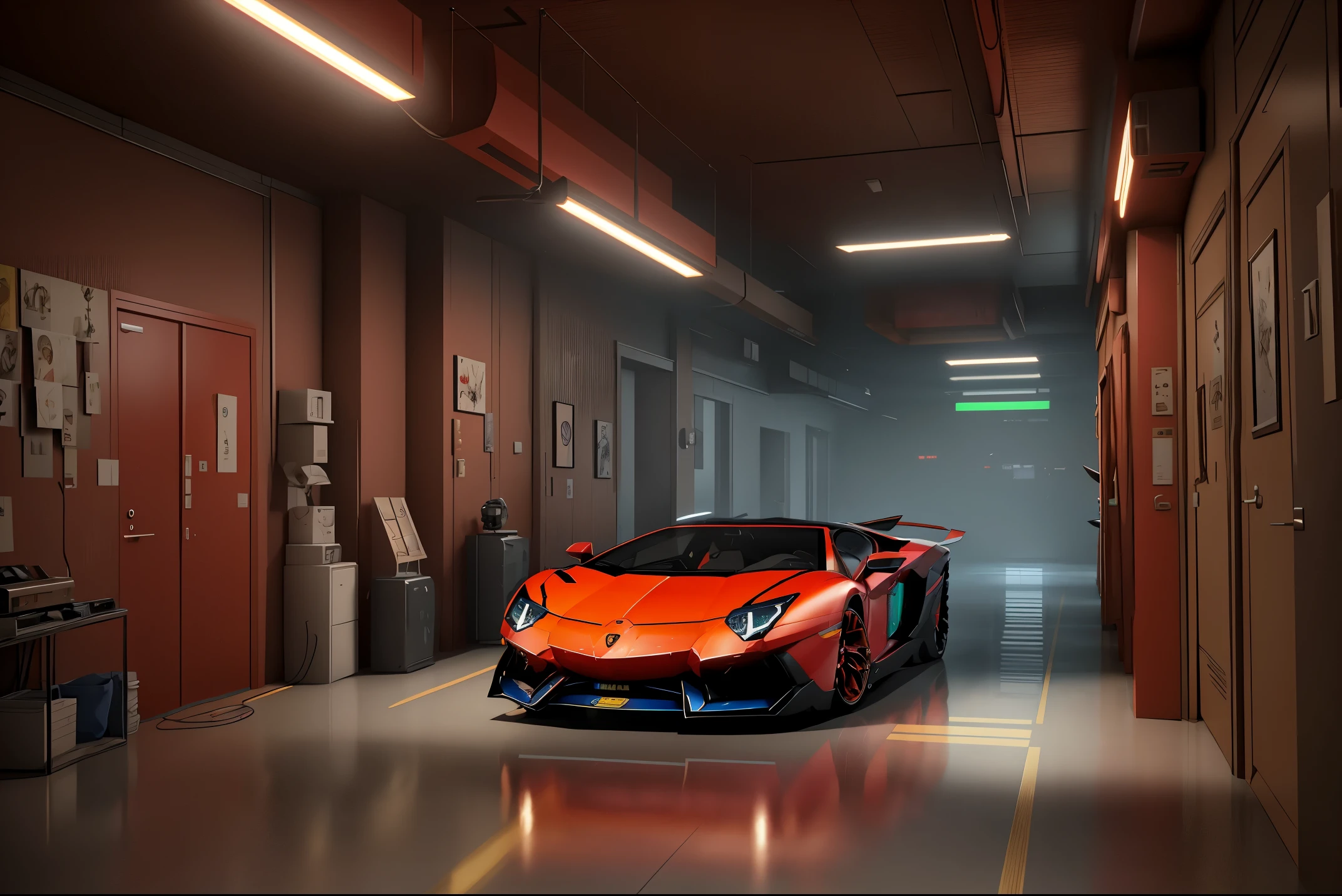 Photorealsitic、top-quality、masterpiece、A highly detailed、Ultra-detailed、Cyberpunk City ((bright red lamborghini aventador))。 Trending on CGCieghbour、by Greg Rutkowsky、Loish Rados、Ferdinand Nab、Photorealsiticなハイパー リアリズム コンセプト アートから、4K 3D rendering rendered using blender and octane global illumination Unreal Engine 5
