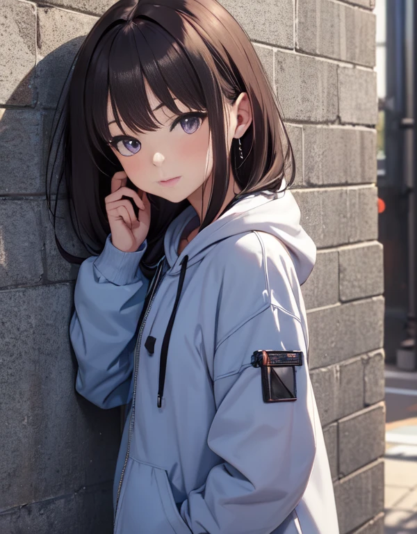masutepiece, Best Quality, {Best Quality}, {{masutepiece}}, {hight resolution}, Illustration, 1girl in, Inoue Takina, bob katan, Black hair, (Purple eyes:1.2), blush, blue baggy hoodie,The hood is covered over the knitted jacket.、baggy jeans,High-cut sneakers,I have headphones hanging around my neck.,Leaning against the wall,Looking at Viewer,In the street