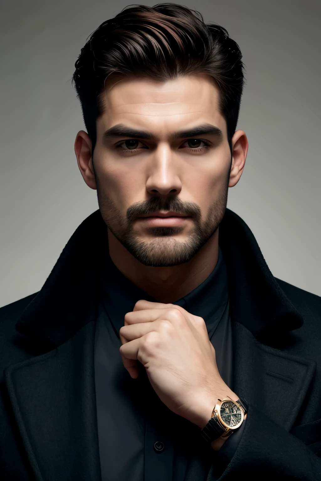 (Highest Resolution, Distinct_image) Best Quality, ((1 male)), , Masterpiece, high detail, semi-realistic, red short hair, black hair, Bangs, Mature, Young, tall and strong, The body of the right hand is dressed in a black coat, Harsh and serious, Tall and handsome, majestic and mighty, with exquisite facial texture, bokeh,  Tyndall effect