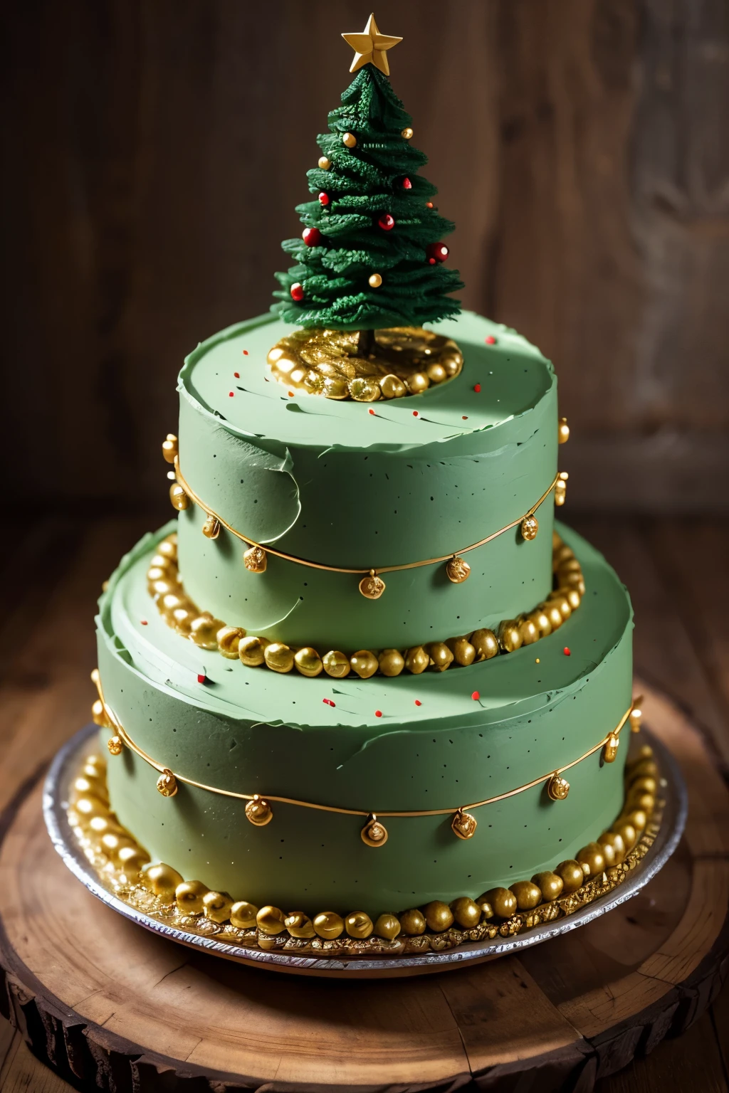 there is a cake with green frosting and a christmas tree on top, extremely intricate, christmas tree, red and green color scheme, with intricate detail, tree's, hight decorated, spruce trees on the sides, highly intricate, with sparkling gems on top, cake art, a wide full shot, red and green, cake, stunningly detailed, with an intricate