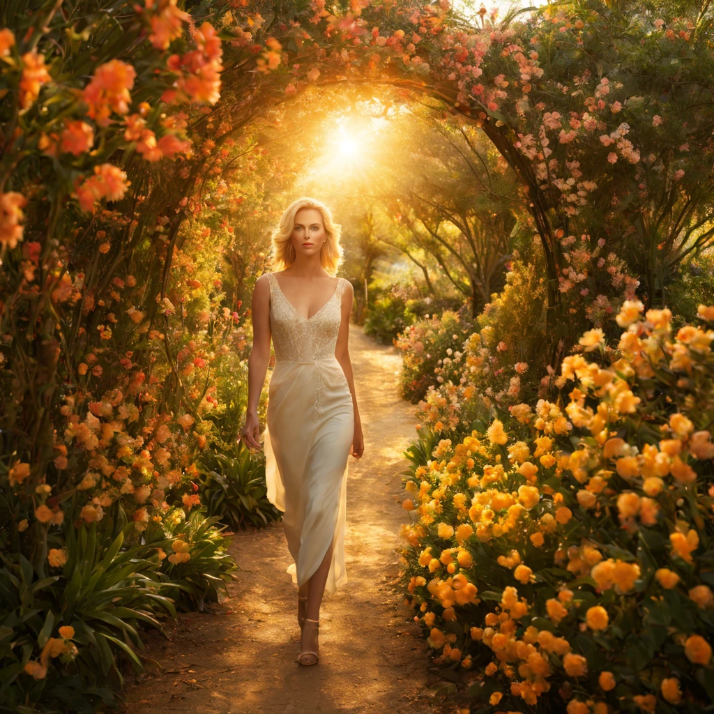 1 girl "Charlize Theron", dentro de um jardim de flores de cerejeiras，e o sol brilhava intensamente，The light from the back window is backlighted, Existe um caminho no meio do mar de flores de cerejeiras，there is space between，There is a path in the center of the screen，The path leads to the distance，Quase real e muito virtual，flores de cerejeiras，There&#39;uma estrada no meio que leva para longe，the setting sun，变得 and the sun shone brightly，rico em detalhes，fotorrealista，Realismo，4K分辨率，textura rica，The painting style is smooth