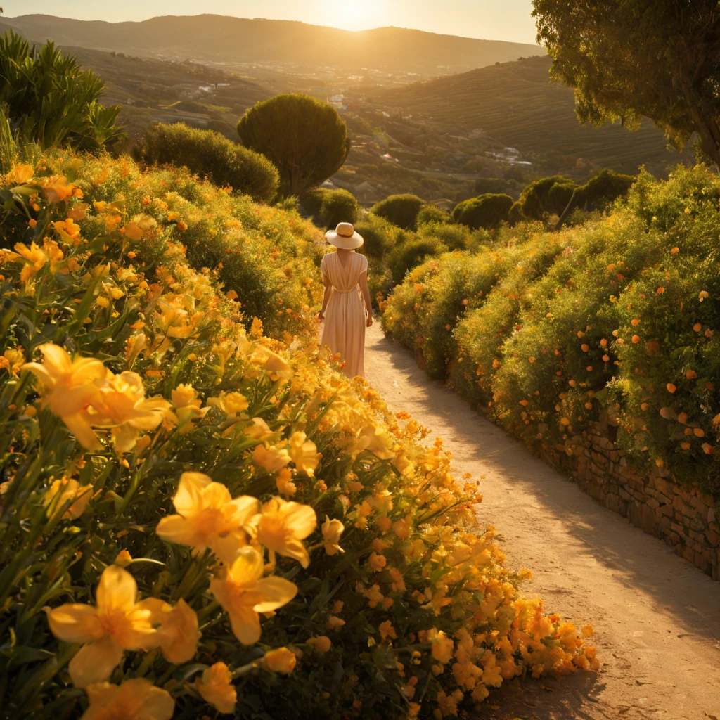 1 girl "Charlize Theron", dentro de um jardim de flores de cerejeiras，e o sol brilhava intensamente，The light from the back window is backlighted, Existe um caminho no meio do mar de flores de cerejeiras，there is space between，There is a path in the center of the screen，The path leads to the distance，Quase real e muito virtual，flores de cerejeiras，There&#39;uma estrada no meio que leva para longe，the setting sun，变得 and the sun shone brightly，rico em detalhes，fotorrealista，Realismo，4K分辨率，textura rica，The painting style is smooth