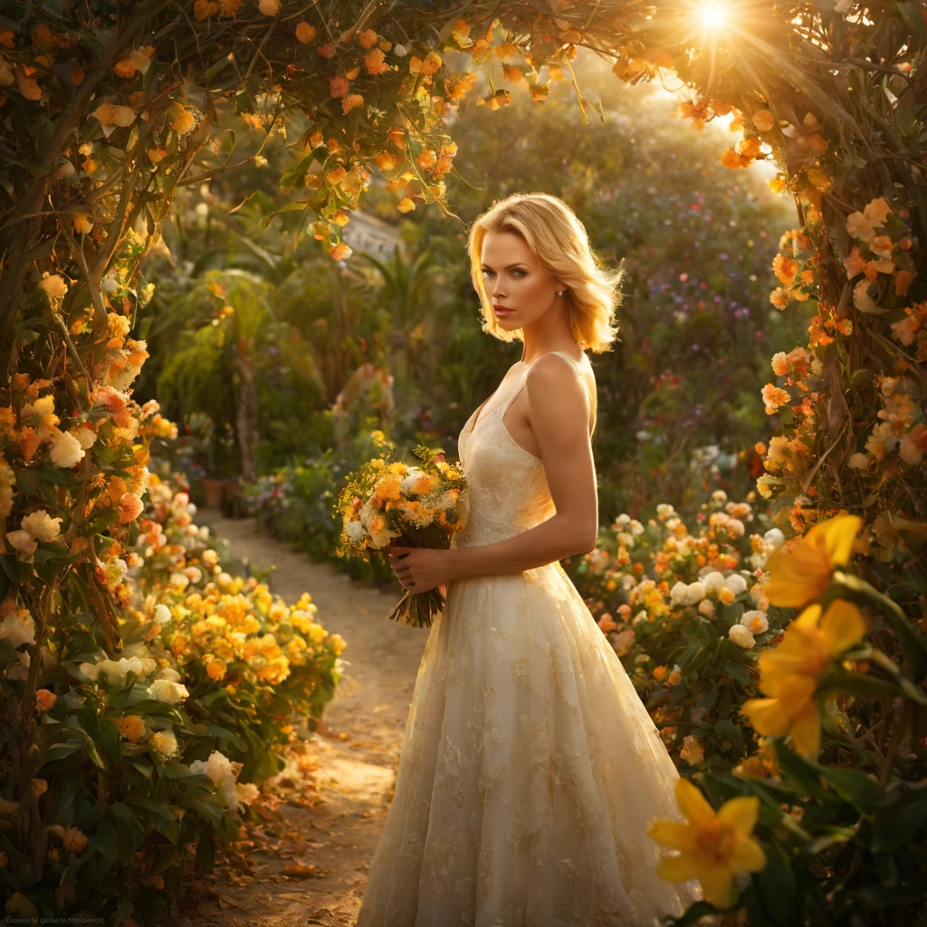 1 girl "Charlize Theron", dentro de um jardim de flores de cerejeiras，e o sol brilhava intensamente，The light from the back window is backlighted, Existe um caminho no meio do mar de flores de cerejeiras，there is space between，There is a path in the center of the screen，The path leads to the distance，Quase real e muito virtual，flores de cerejeiras，There&#39;uma estrada no meio que leva para longe，the setting sun，变得 and the sun shone brightly，rico em detalhes，fotorrealista，Realismo，4K分辨率，textura rica，The painting style is smooth