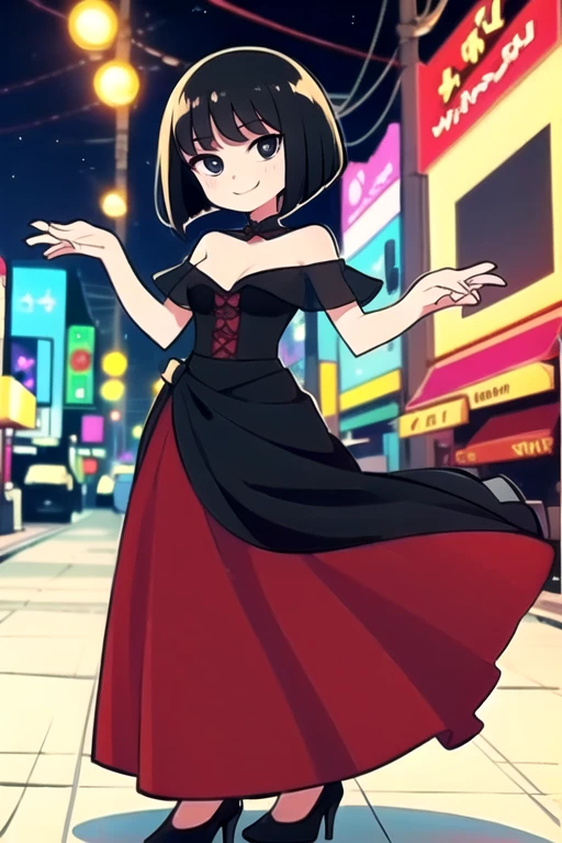 1 girl, , Black hair, Short black hair, Medium Hair, Bob Hair, Black eyes, off shoulder dress, Flamenco Dress, Flamenco dancer, long skirt, Smile, the city street, Sexy, nighttime, masterpiece, High quality.