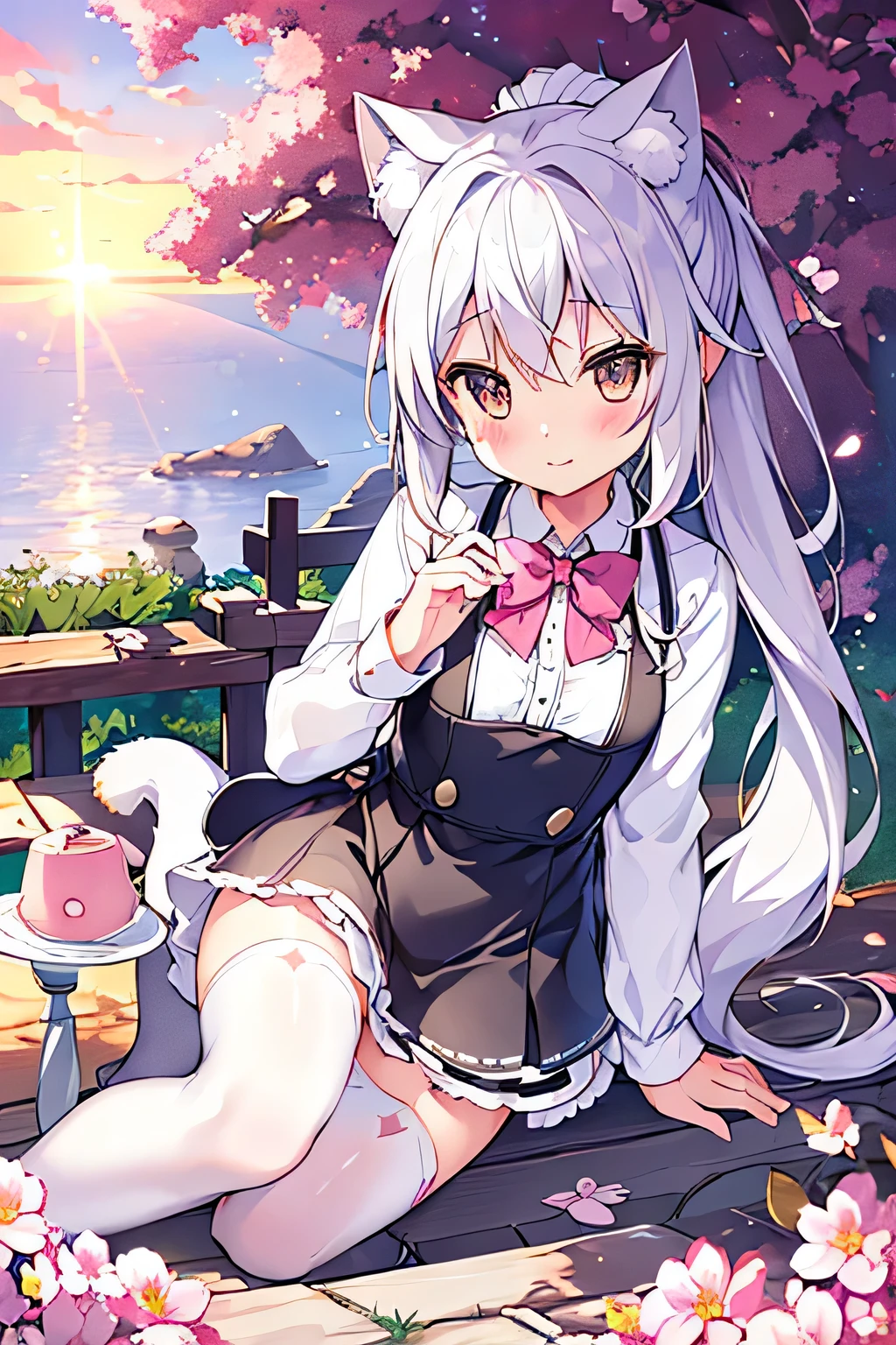 (No shoes:1.3),[(The white backgrounid:1.35)::0.25], (Bottle bottom:0.9),The medium scene is,Full body lesbian,开florals,飘动的florals瓣,stone fragment,Beautiful and delicate water,​​​​cloudss,suns,eventide,the sunset,,(Alone:1.2),(tmasterpiece),(Best quality at best),(extremely detaild的 CG unified 8k wallpapers),(A high resolution),(Best background details:1.26),(best character detail:1.36),(pastels (middling):1.35),火florals,1个Giant Breast Girl,(White hair:1.2),With gray eyes,cat ear,(cat woman:1.1),hair between eye,((Low double ponytail)),Long gray hair,shairband,hair adornments, the bowtie, fur-trimmed dress, ((The white:1.2) Raise your legs:1.3),, illustratio, accumulate, desks, florals, the bow, By bangs, The tree, riles, longer sleeves, the bowtie, pink florals, Keep your mouth shut, The shirt, allure, Powder flow, grassy, Bow knot, saucer, [(floating islands:1.2,​​clouds)::5],