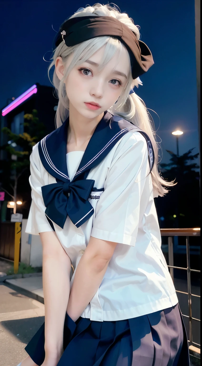 (8k, RAW photo, best quality, masterpiece:1.3),(realistic,photo-realistic:1.37),(night),(looking at viewer:1.331),(white hair),posing,Tokyo street,nightcityscape, cyberpunk city,soft light,1girl,extremely beautiful face,bust,put down hands,Random hairstyle,Random expression,big eyes, ,lower abdomen,(lshort-sleeved JK_sailor),JK_style,(dark blue JK_skirt) ,(bow JK_tie),mix4