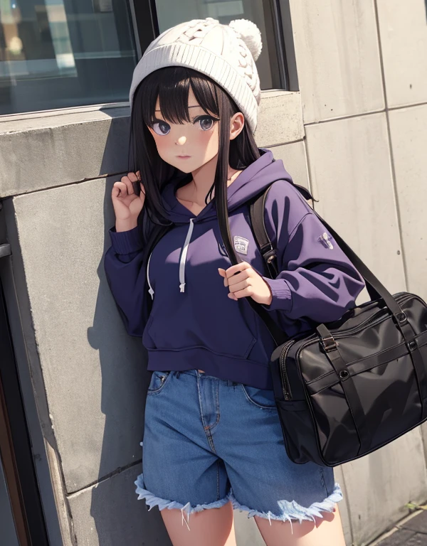 masutepiece, Best Quality, {Best Quality}, {{masutepiece}}, {hight resolution}, Illustration, 1girl in, Inoue Takina, bob katan, Black hair, (Purple eyes:1.2), blush, blue baggy hoodie，The hood is worn over a knitted hat.、baggy jeans，High-cut sneakers，I have headphones hanging around my neck.，Leaning against the wall，Looking at Viewer，In the street