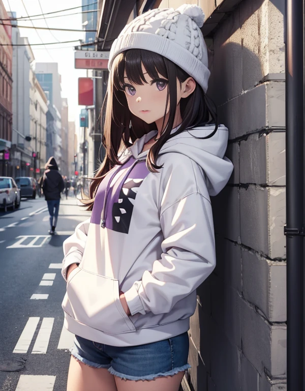masutepiece, Best Quality, {Best Quality}, {{masutepiece}}, {hight resolution}, Illustration, 1girl in, Inoue Takina, bob katan, Black hair, (Purple eyes:1.2), blush, blue baggy hoodie,The hood is worn over a knitted hat.、baggy jeans,High-cut sneakers,I have headphones hanging around my neck.,Leaning against the wall,Looking at Viewer,In the street