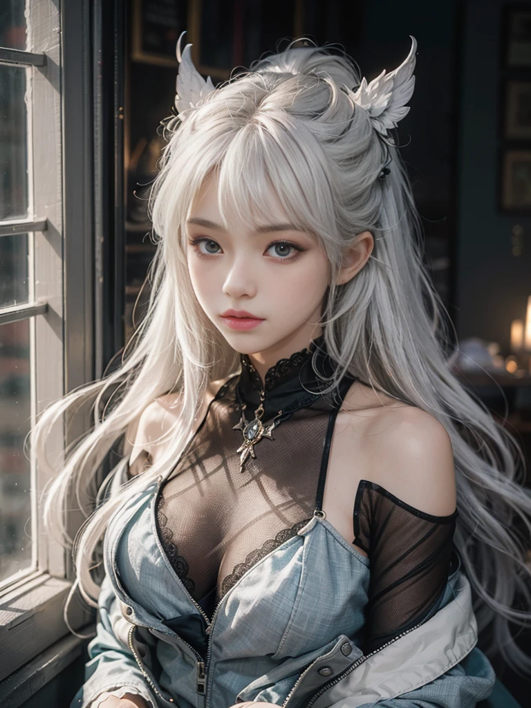 Close-up of woman with white hair and white mask、beautiful character painting、guweiz、Artwork in the style of Gwise、white haired god、Jan J、epic exquisite character art、Stunning character art、Fanchy、Uzunsifan、Guweiz on the Pixiv art station,Faces of reality,Real people,Photo quality,Real person footage captured on camera,Shooting from the waist up,Live-action feeling,Quite light clothing,see-through underware,Beautiful clear eyes,Beautiful sparkling eyes,being thin,strong-willed gaze,A living angel who descends to earth and blends into ordinary life while hiding his true identity in the human world.,