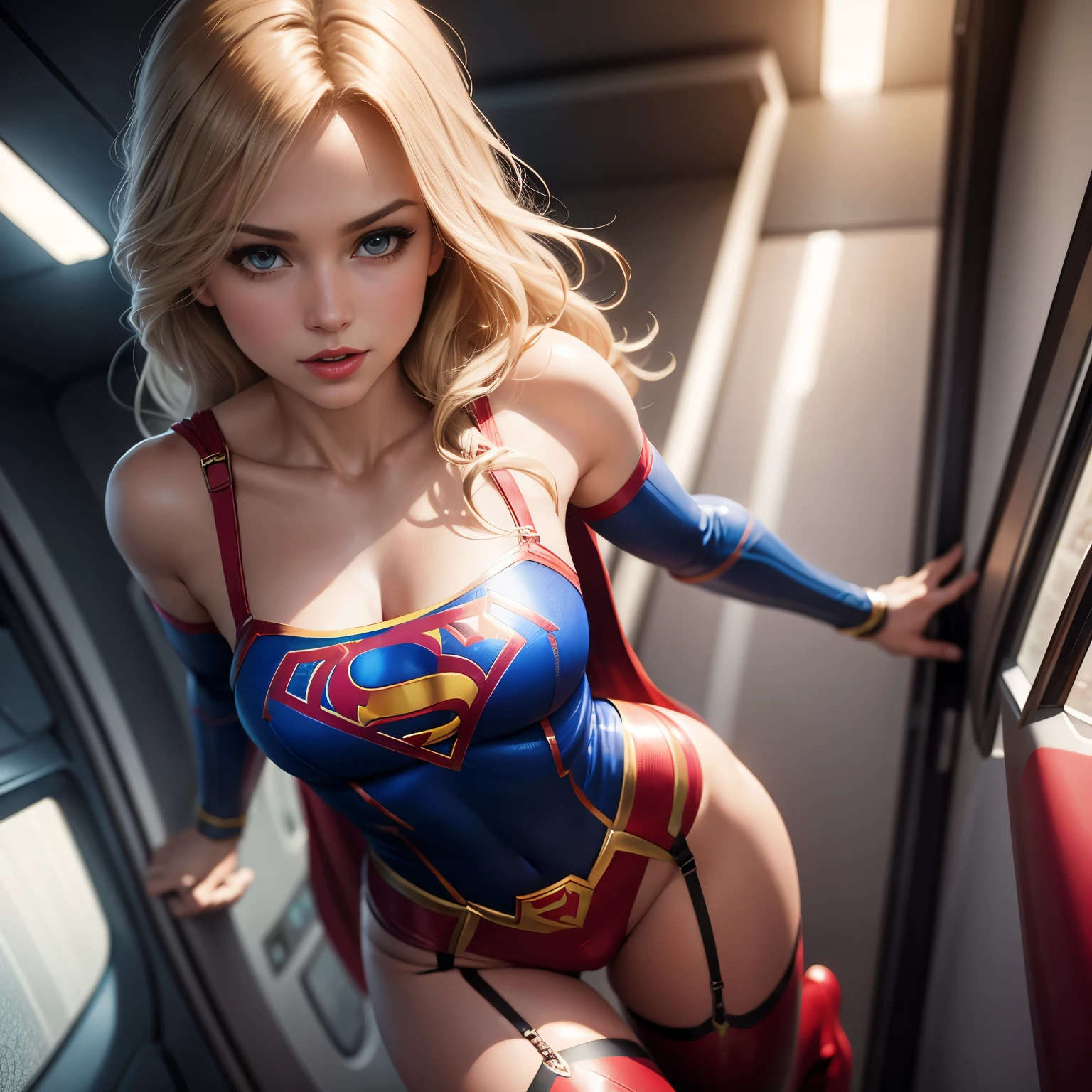 Supergirl flying sexy, wearing lingerie, photorealism