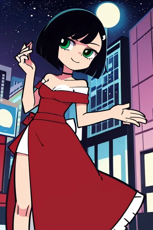 1 girl, Teenage, Black hair, Short black hair, Medium Hair, Bob Hair, Green eyes, off shoulder dress, Flamenco Dress, Flamenco dancer, long skirt, Smile, the city street, Sexy, nighttime, masterpiece, High quality.