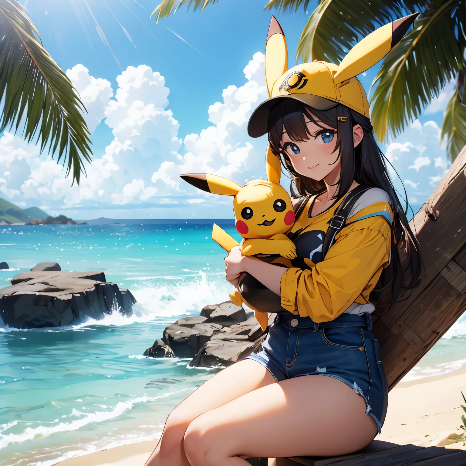 Pikachu de chapeu e oculos na praia