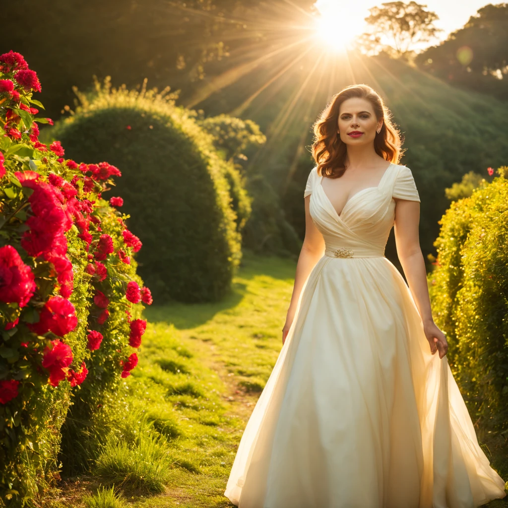 1 girl "Hayley Atwell com vestido vermelho", dentro de um jardim de FLORES de cerejeiras，e o sol brilhava intensamente，The light from the back window is backlighted, Existe um caminho no meio do mar de flores de cerejeiras，there is space between，There is a path in the center of the screen，The path leads to the distance，Quase real e muito virtual，FLORES de cerejeiras，There&#39;uma estrada no meio que leva para longe，the setting sun，变得 and the sun shone brightly，rico em detalhes，fotorrealista，Realismo，4K分辨率，textura rica，The painting style is smooth