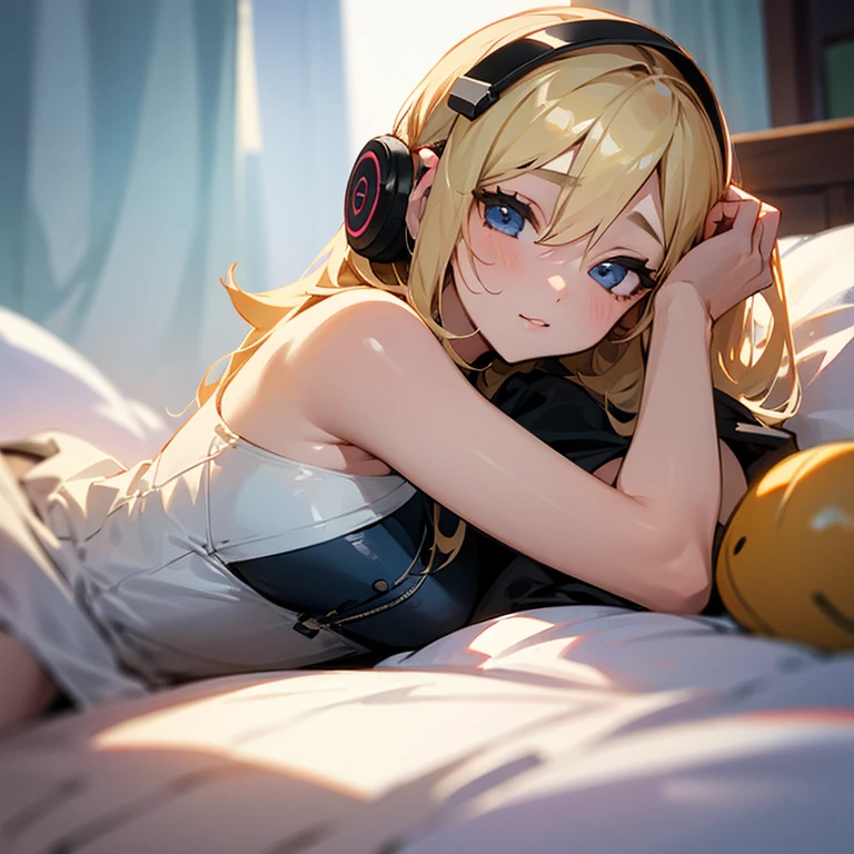 girl with a smartphone、Lying in bed、head phone、A sexy、a blond、Americans