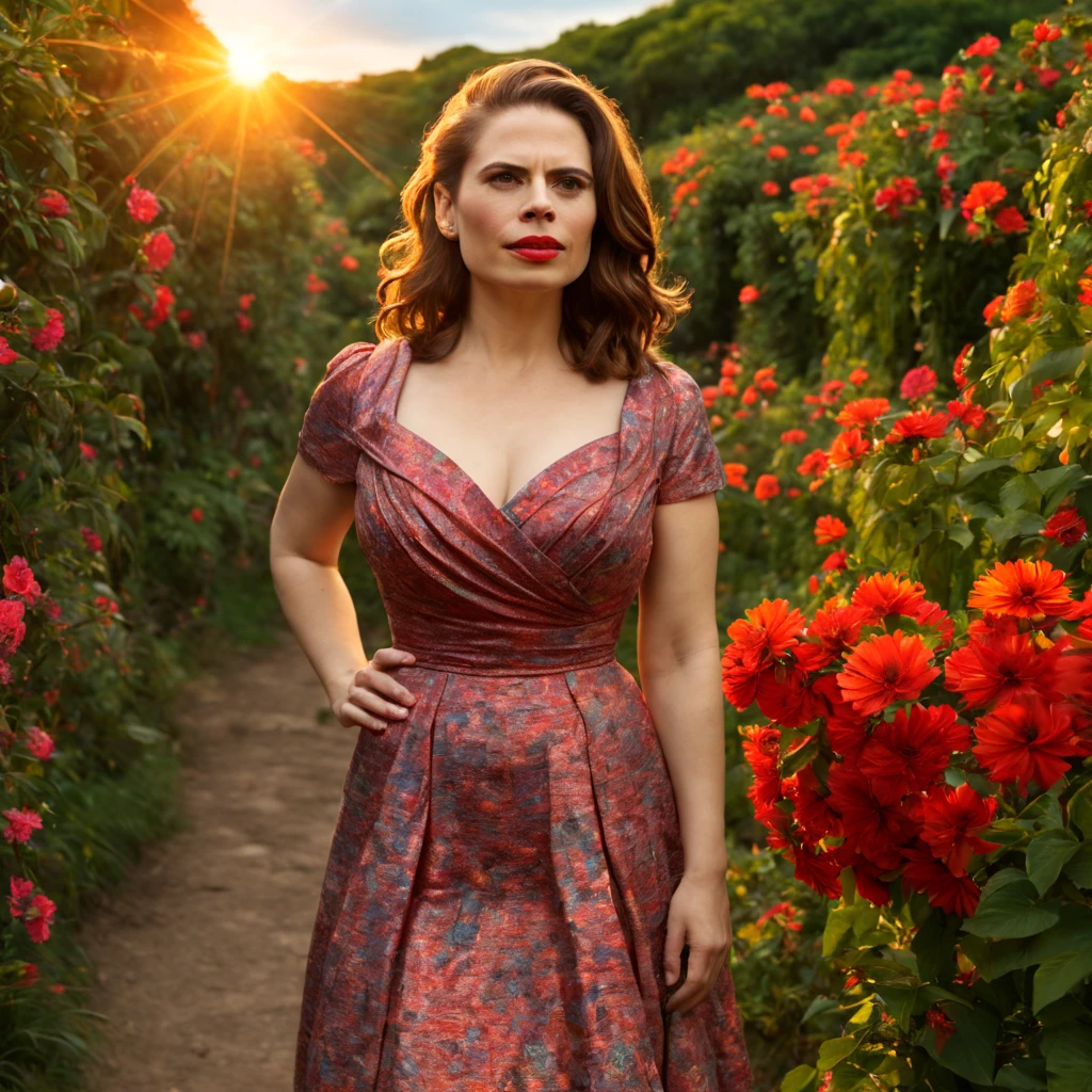 1 girl "Hayley Atwell com vestido vermelho", dentro de um jardim de FLORES de cerejeiras，e o sol brilhava intensamente，The light from the back window is backlighted, Existe um caminho no meio do mar de flores de cerejeiras，there is space between，There is a path in the center of the screen，The path leads to the distance，Quase real e muito virtual，FLORES de cerejeiras，There&#39;uma estrada no meio que leva para longe，the setting sun，变得 and the sun shone brightly，rico em detalhes，fotorrealista，Realismo，4K分辨率，textura rica，The painting style is smooth