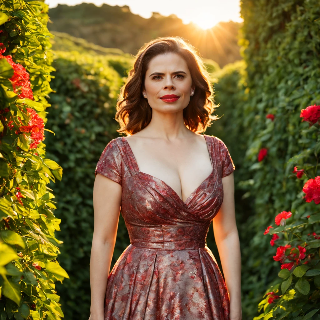 1 girl "Hayley Atwell com vestido vermelho", dentro de um jardim de FLORES de cerejeiras，e o sol brilhava intensamente，The light from the back window is backlighted, Existe um caminho no meio do mar de flores de cerejeiras，there is space between，There is a path in the center of the screen，The path leads to the distance，Quase real e muito virtual，FLORES de cerejeiras，There&#39;uma estrada no meio que leva para longe，the setting sun，变得 and the sun shone brightly，rico em detalhes，fotorrealista，Realismo，4K分辨率，textura rica，The painting style is smooth
