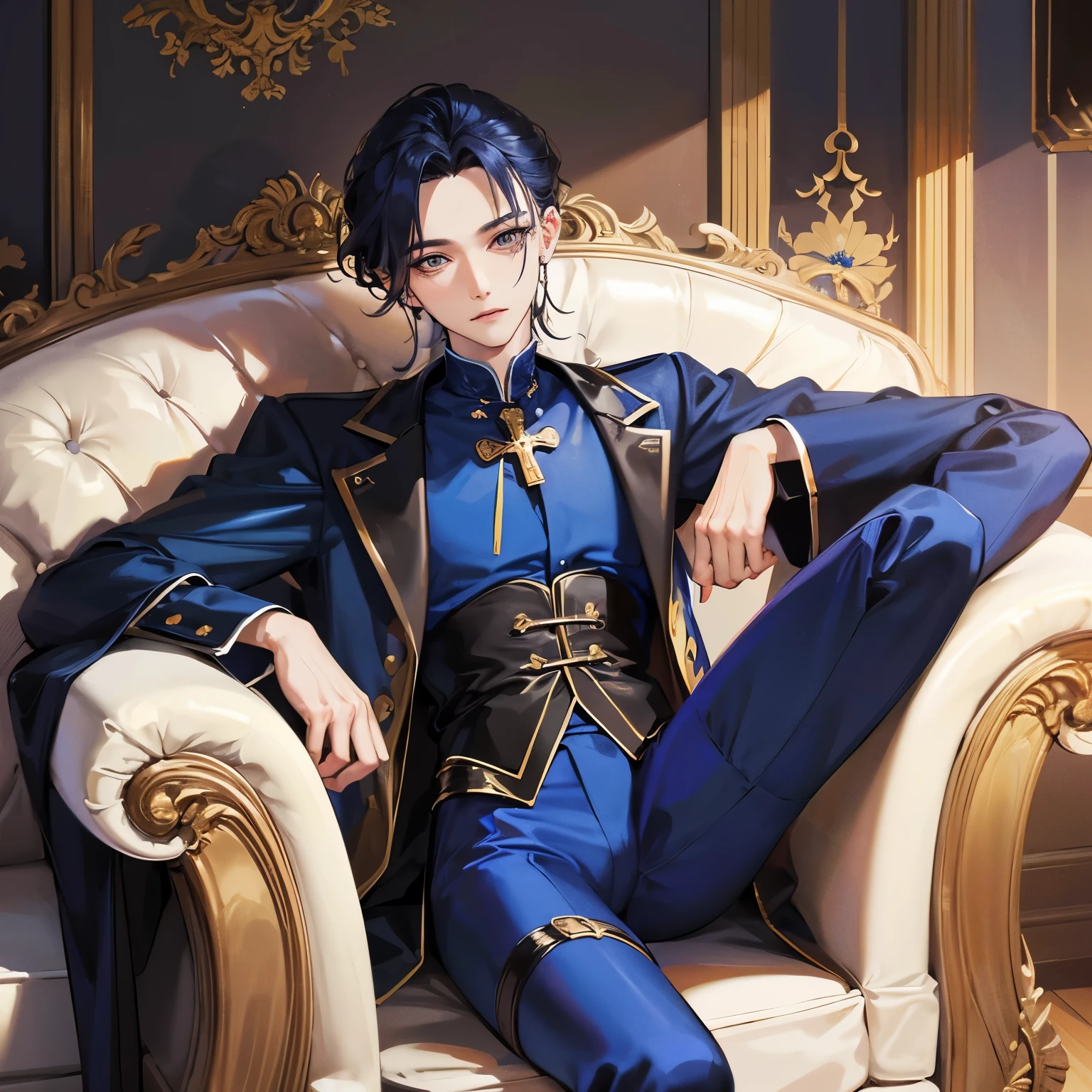 Adonilac&#39;s Haired Nobleman、Straight face、A detailed face、1 boy、Classic、Arrogant man、top grade、Center division、Forehead、Mole、One Man、A sexy、Sit on a luxury sofa、cross one's legs、Wear blue clothes、