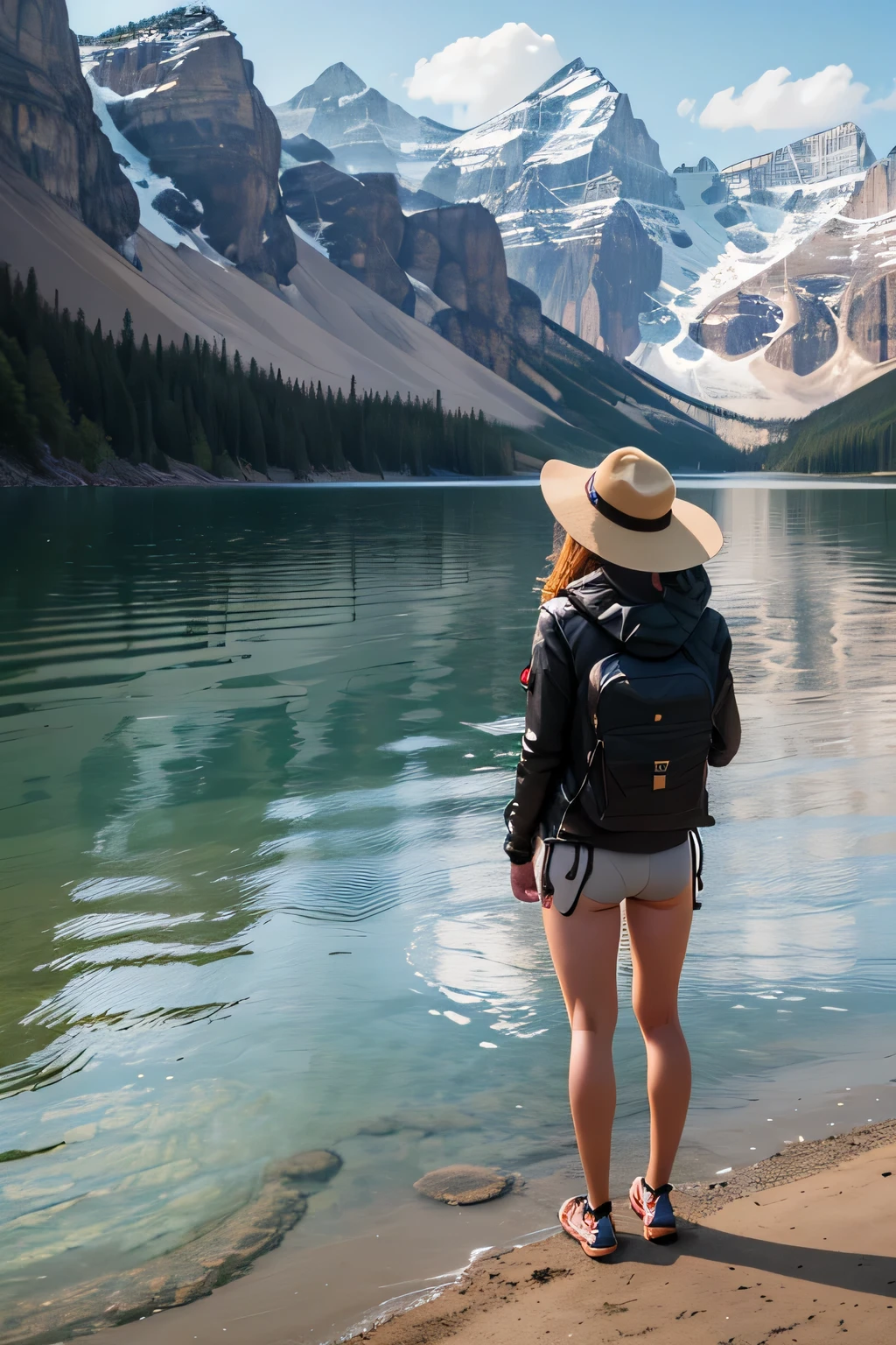 araffe woman in a bikini and hat standing on a beach, wearing a fisher 🧥, on a lake, in the middle of a lake, long shot from back, fish in the background, long shot from the back, gazing at the water, on the bow, shot from behind, in a lake, great view, shot from the back, low quality footage