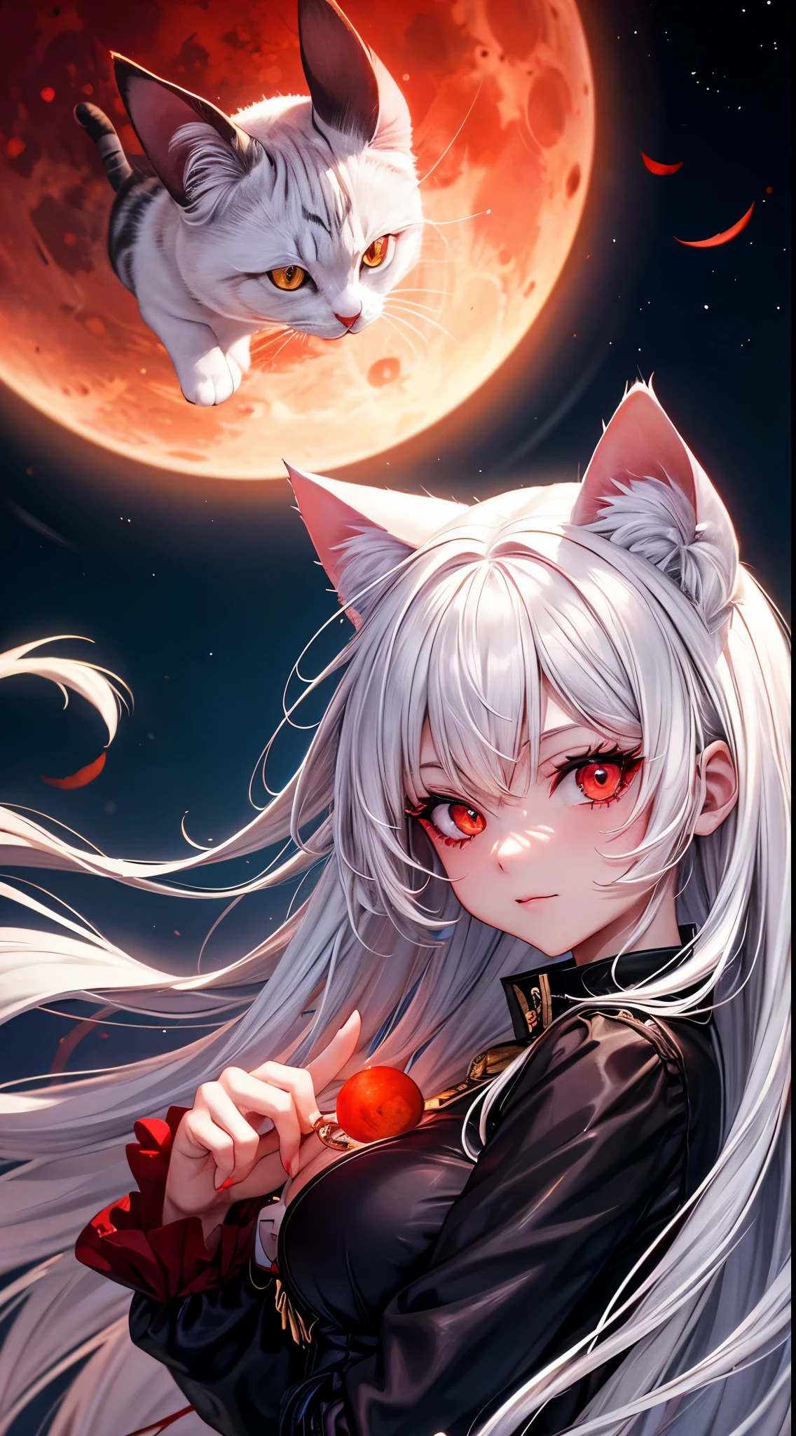 Full hd, high quality, super detail, Cat Girl, red eye, white hair, cat fantasy, cinematic ligth, nigth, blood moon, close-up