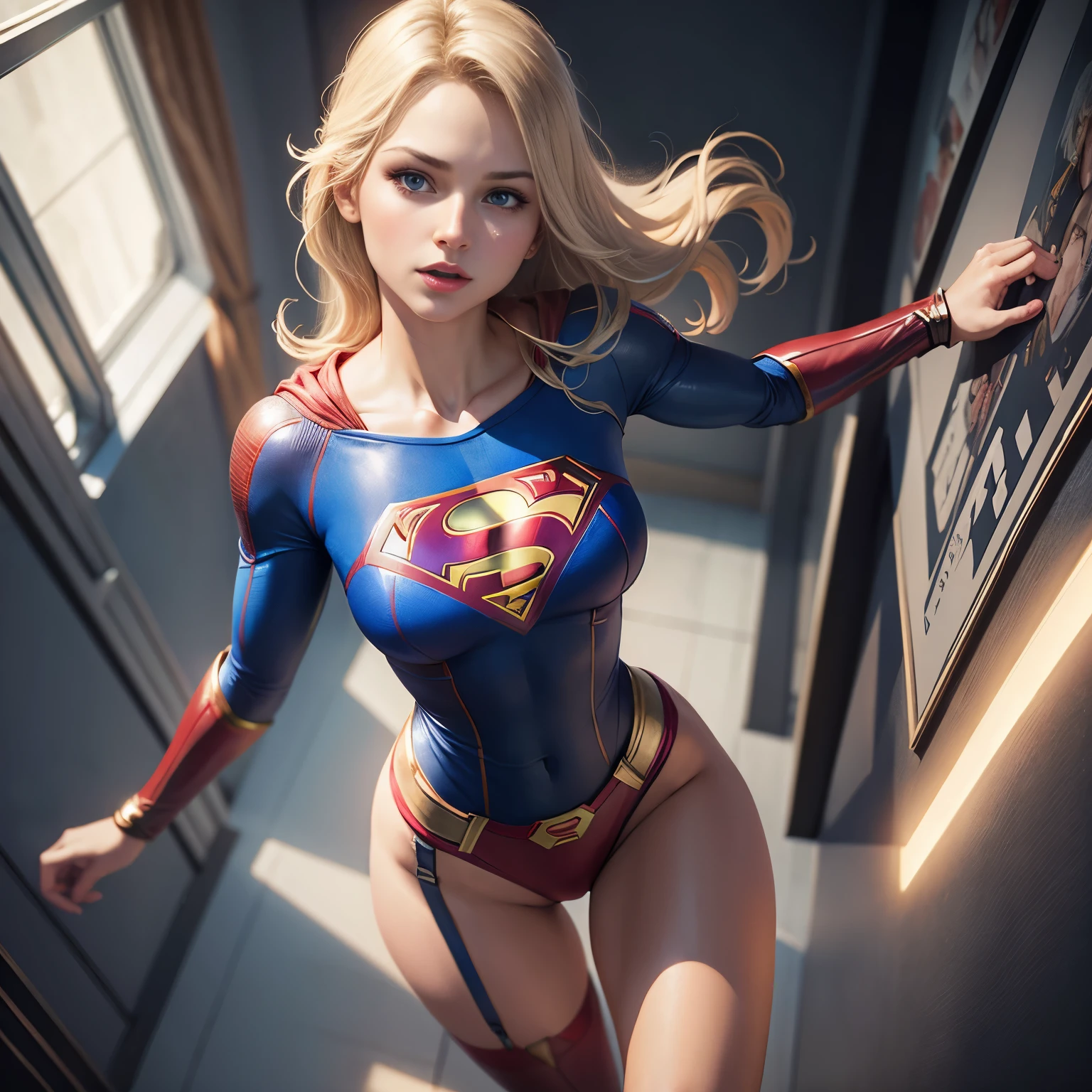 Supergirl flying sexy, wearing lingerie, photorealism