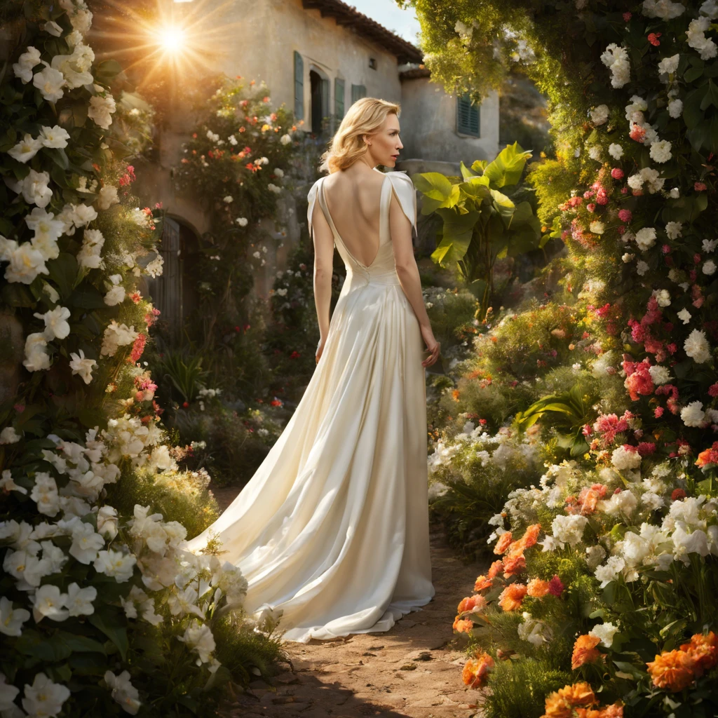 1 girl "Cate Blanchett com vestido branco com azuk escuro", dentro de um jardim de FLORES de cerejeiras,e o sol brilhava intensamente,The light from the back window is backlighted, Existe um caminho no meio do mar de flores de cerejeiras,there is space between,There is a path in the center of the screen,The path leads to the distance,Quase real e muito virtual,FLORES de cerejeiras,There'uma estrada no meio que leva para longe,the setting sun,变得 and the sun shone brightly,rico em detalhes,fotorrealista,Realismo,4K分辨率,textura rica,The painting style is smooth