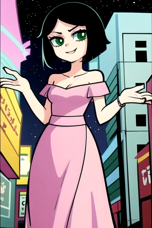 1 girl, , Black hair, Short black hair, Medium Hair, Bob Hair, Green eyes, off shoulder dress, Flamenco Dress, Flamenco dancer, long skirt, Smile, the city street, Sexy, nighttime, masterpiece, High quality.