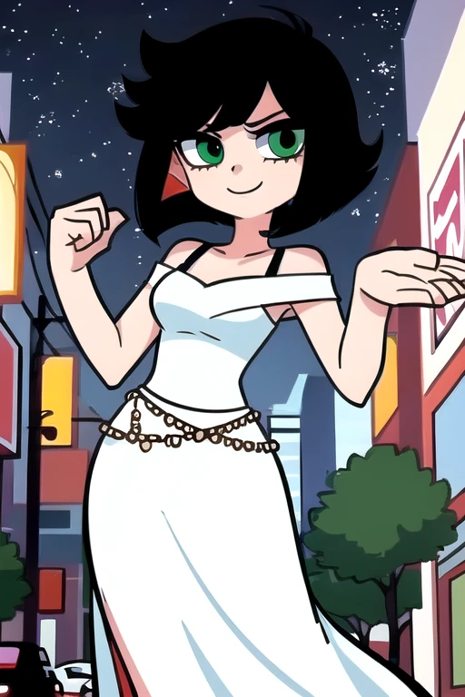 1 girl, Teenage, Black hair, Short black hair, Medium Hair, Bob Hair, Green eyes, off shoulder dress, Flamenco Dress, Flamenco dancer, long skirt, Smile, the city street, Sexy, nighttime, masterpiece, High quality.