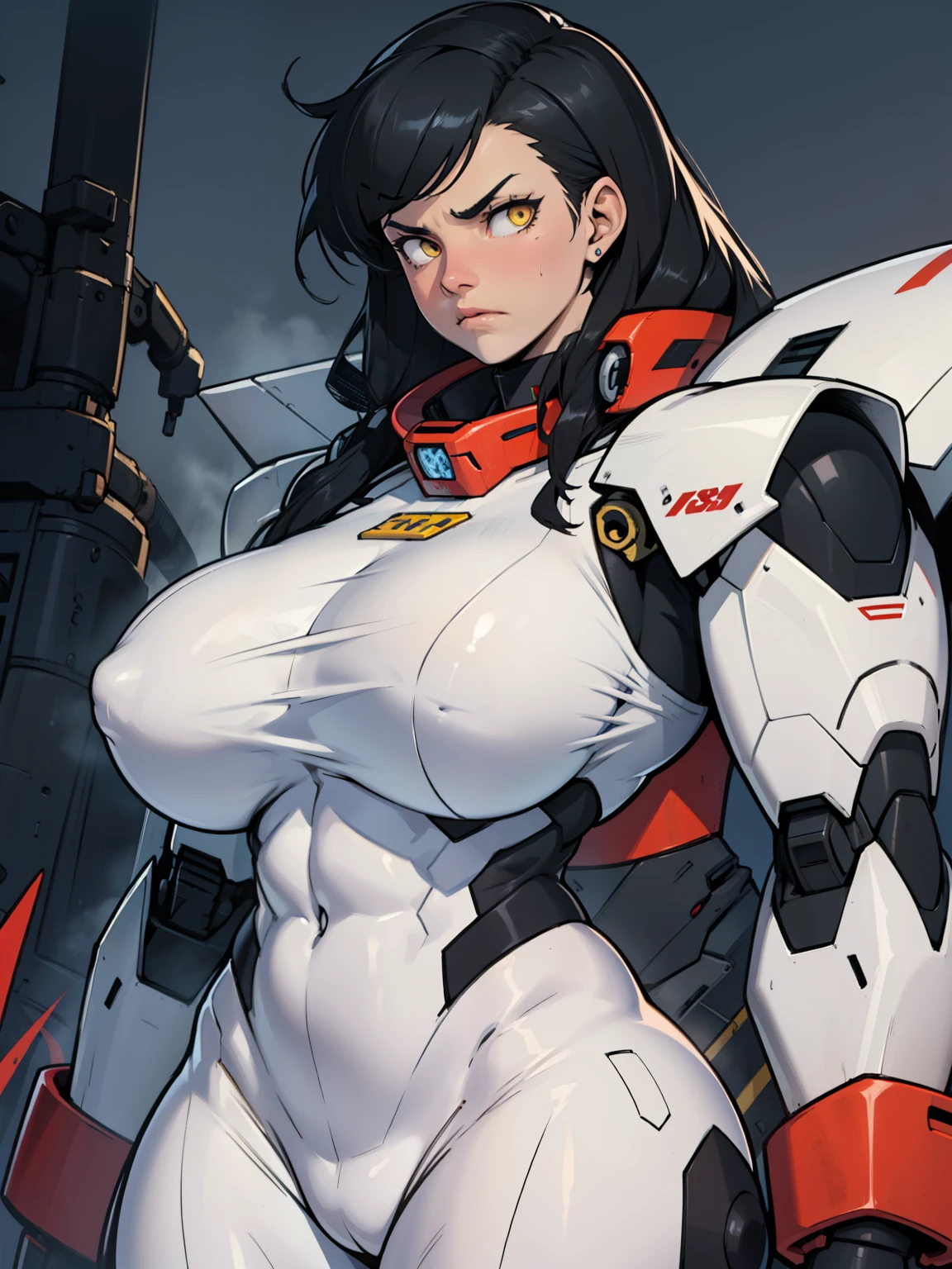 (((muscular girl thick massive breasts toned body))) sad frown girl black hair yellow eyes pale skin mecha mecha mecha mecha mecha mecha