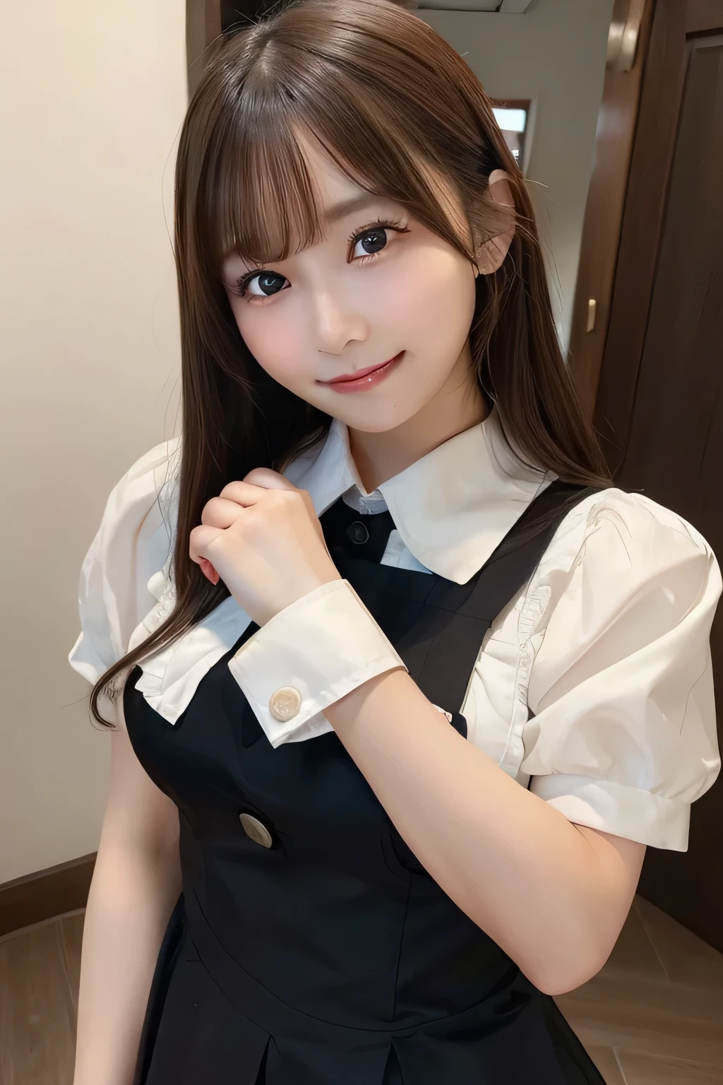 1girl in, Extremely cute face,​masterpiece, top-quality, Ultra-fine、Colossal tits, Brown hair,出しゃばりなBust, Bust, Maids, 独奏, Colossal tits, Valley, A smile, Maids服, line of sight, Brown hair, mischief,dish, food, Wrist handcuffs, realisitic, Collar, Grinning, 牙, pinafore, on hand, inside in room、nogizaka、Beautiful black eyes:1.３、17-year-old schoolgirl