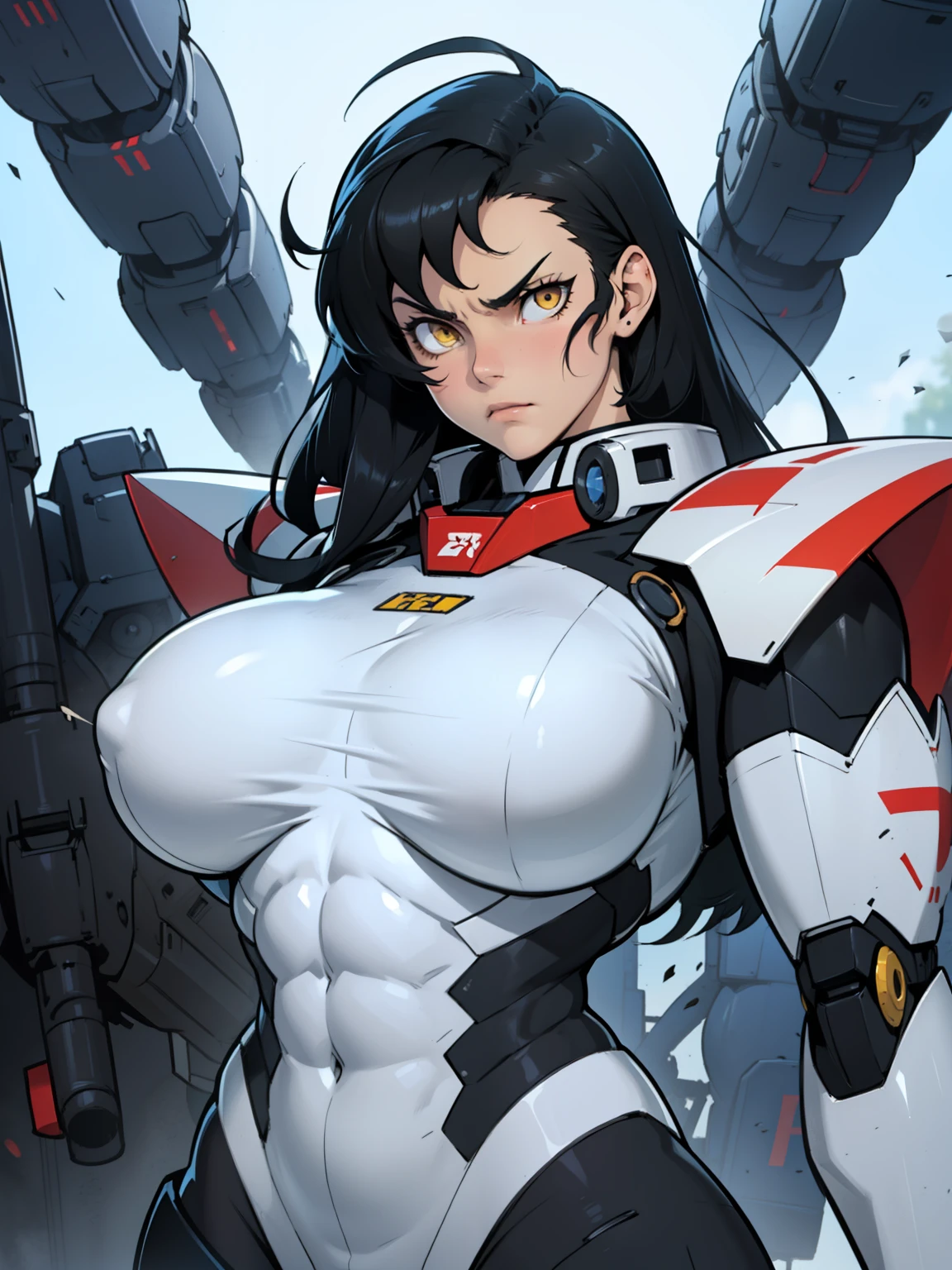 (((muscular girl thick massive breasts toned body))) sad frown girl black hair yellow eyes pale skin mecha mecha mecha mecha mecha mecha