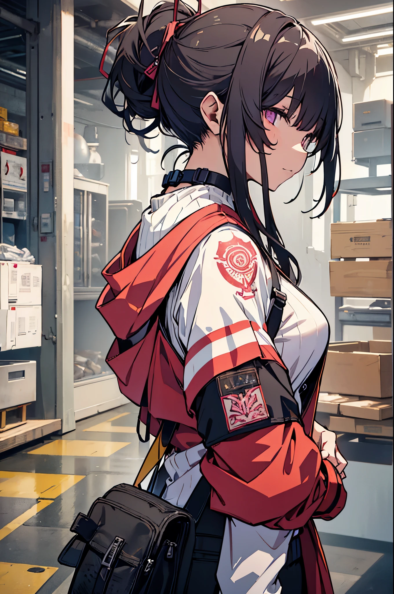 Alternative anime girl covered in tattoos, lots of tattoos, tattoo sleeves, focus on pink and yellow colours, illustration, basic colour backgrounds, industrial, graphic, Lino print
