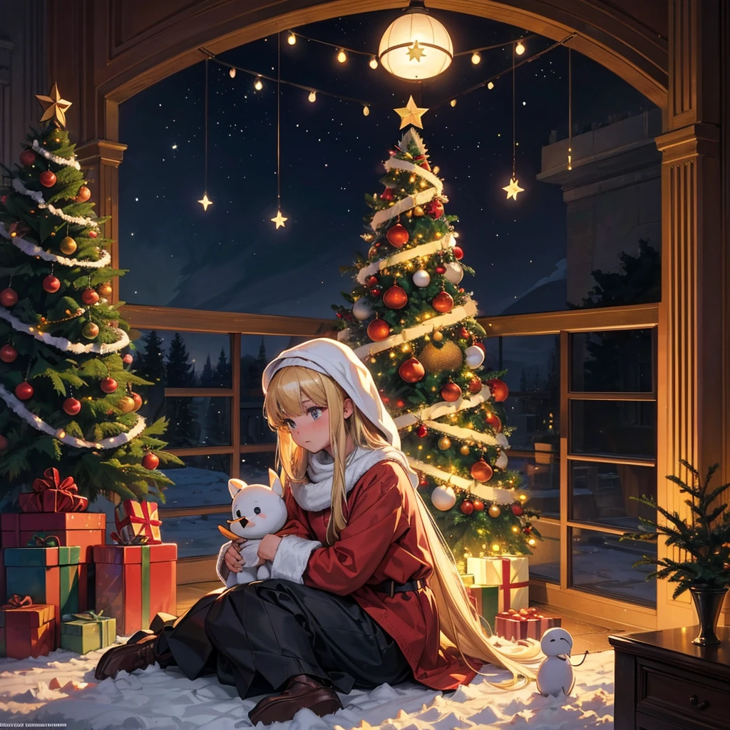 High resolution, Christmas atmosphere, looking away, contour map of the interior of St. Christopher's house with 1960s homemade Christmas decorations and voluminous lighting, sitting girl