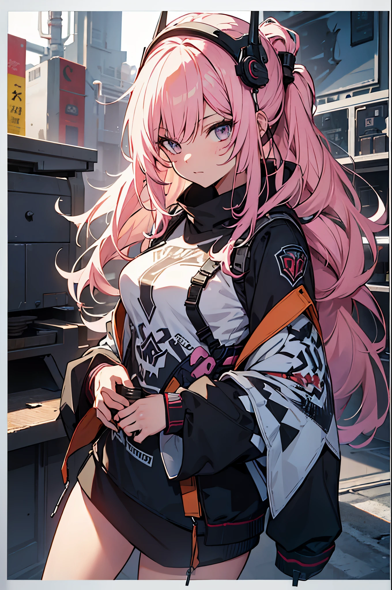 Alternative anime girl covered in tattoos, lots of tattoos, tattoo sleeves, focus on pink and yellow colours, illustration, basic colour backgrounds, industrial, graphic, Lino print