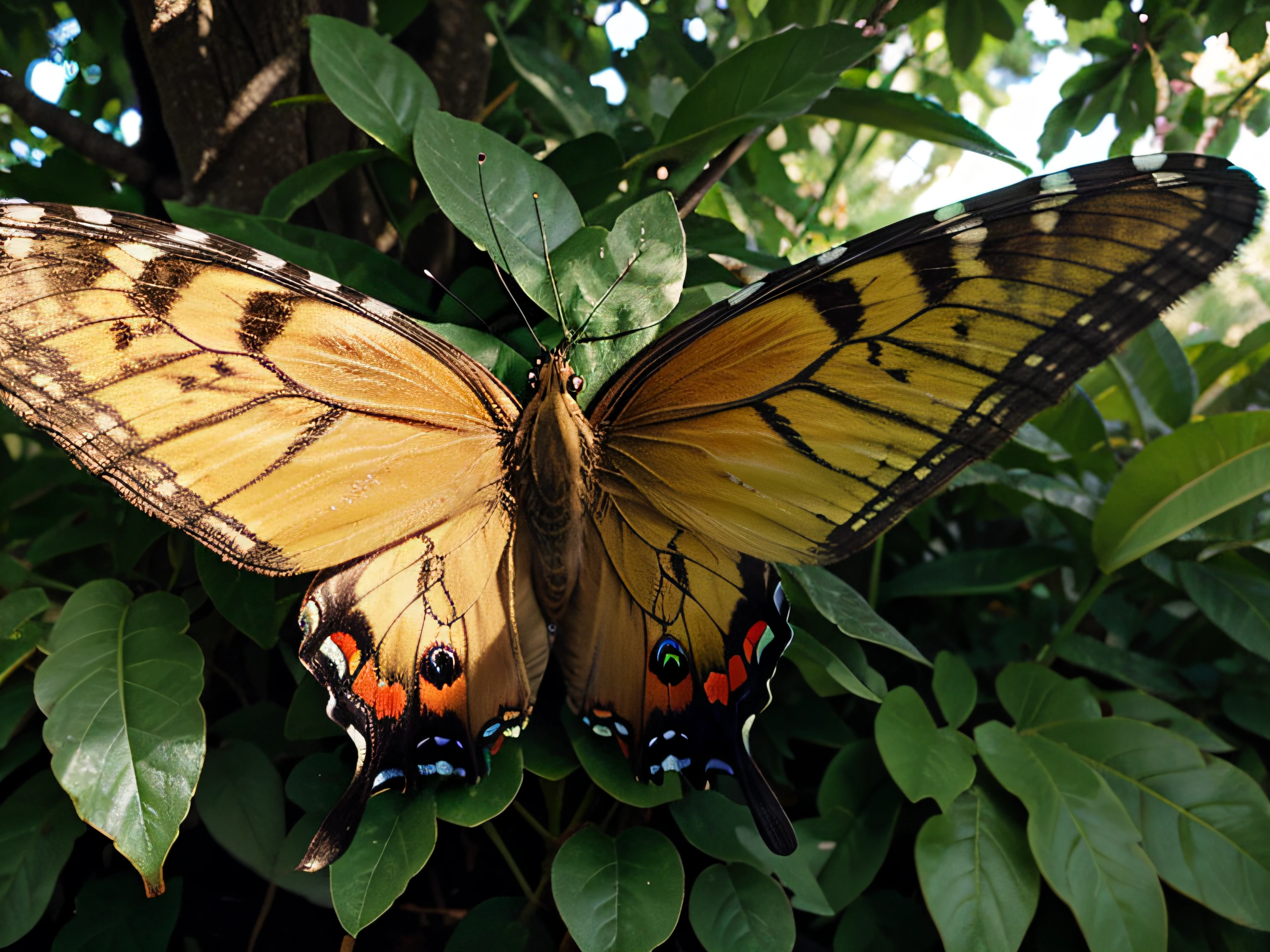 Photo of a butterfly in nature amidst green trees and neon colored wings