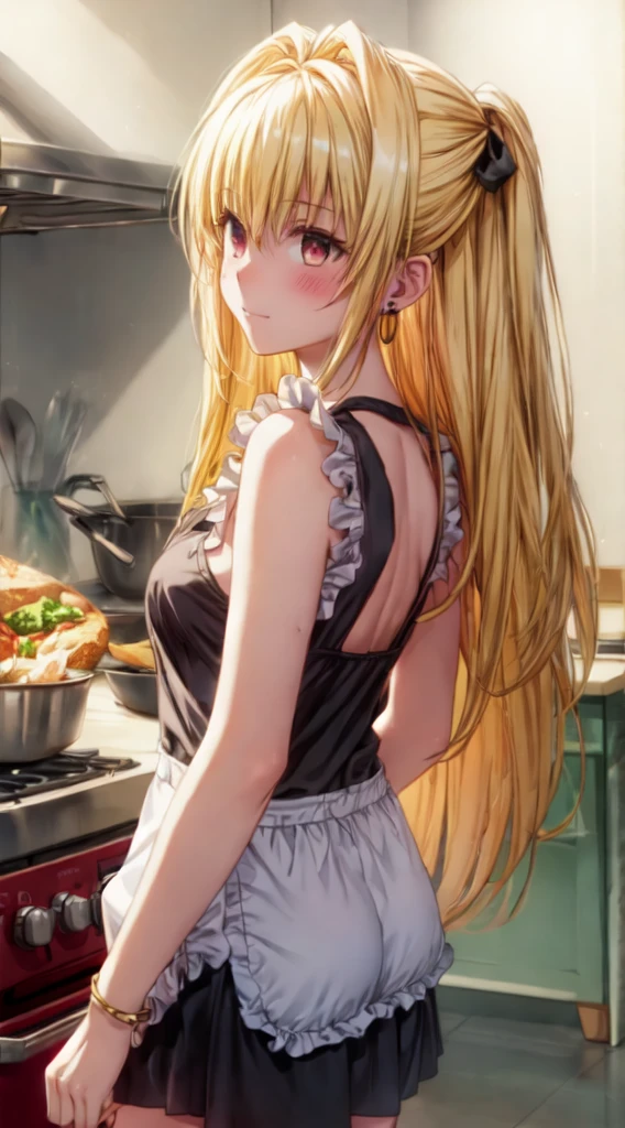 Best Quality, high resolution, Yami , 1girl,  Solo, yellow hair, red eyes, earrings, Jewelry,, White belly button tank top ，tiny chest, (I don't wear anything under the apron)，(Pose with your buttocks sticking out and turning around)，Denim miniskirt，buttocks expose，(I'm cooking with an apron on.)，Kitchen background, shy expression