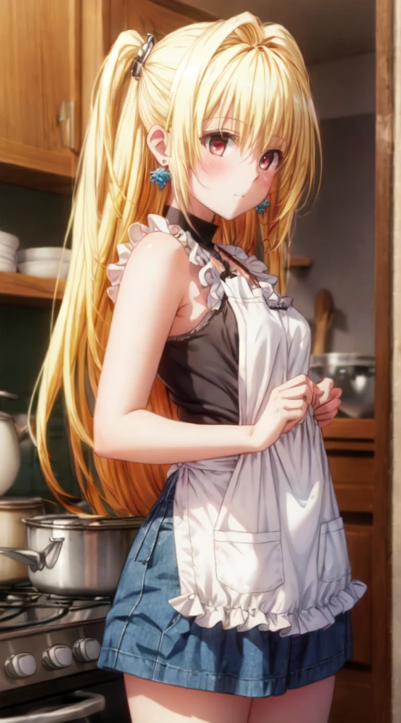 Best Quality, high resolution, Yami , 1girl, Solo, yellow hair, red eyes, earrings, Jewelry,, White belly button tank top ,tiny chest, (I don't wear anything under the apron),(Pose with your buttocks sticking out and turning around),Denim miniskirt,buttocks expose,(I'm cooking with an apron on.),Kitchen background, shy expression