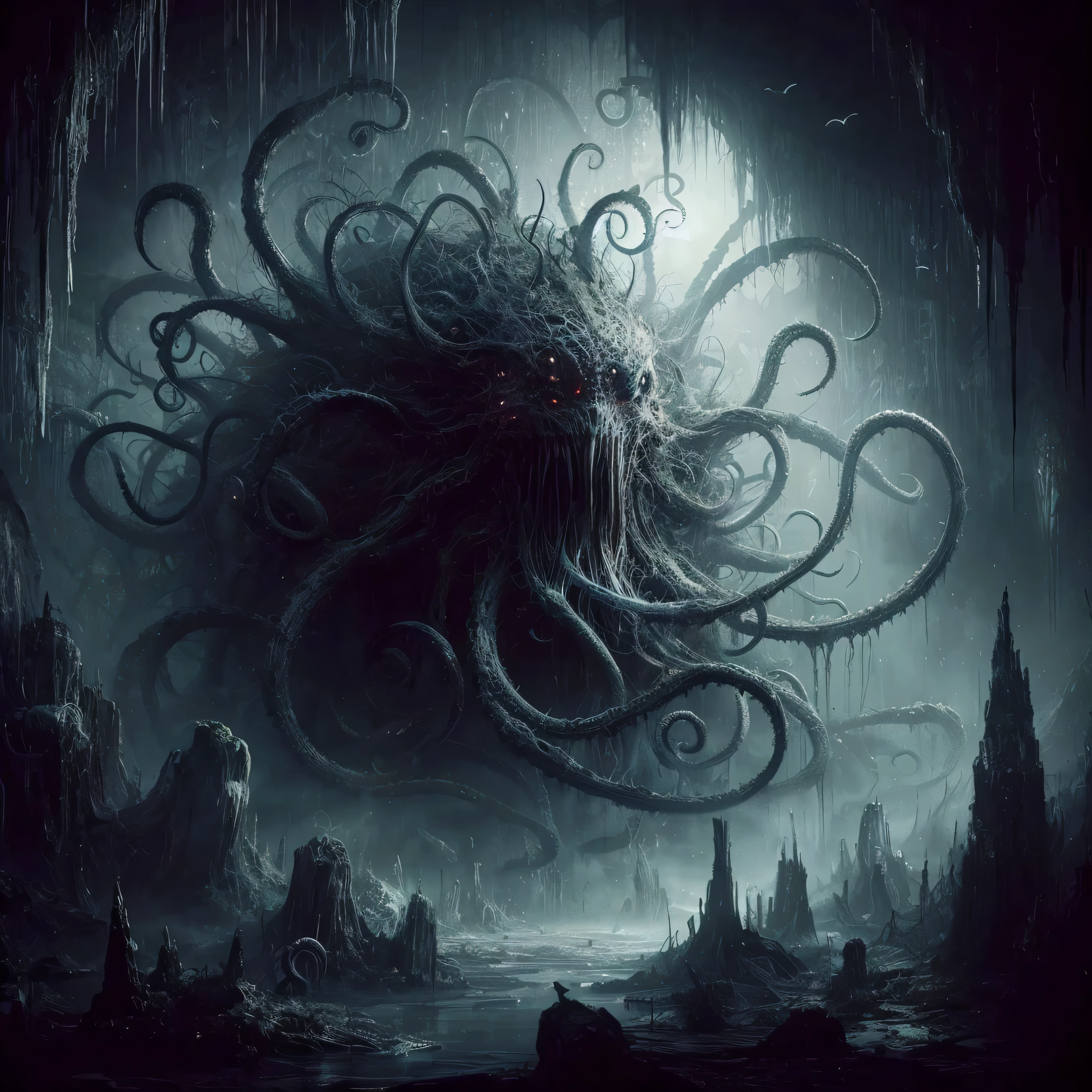 horrifying monster with what seems like an infinite amount of tentacles, living in a deep dark space surrounded by sleeping people hanging from spiderwebs